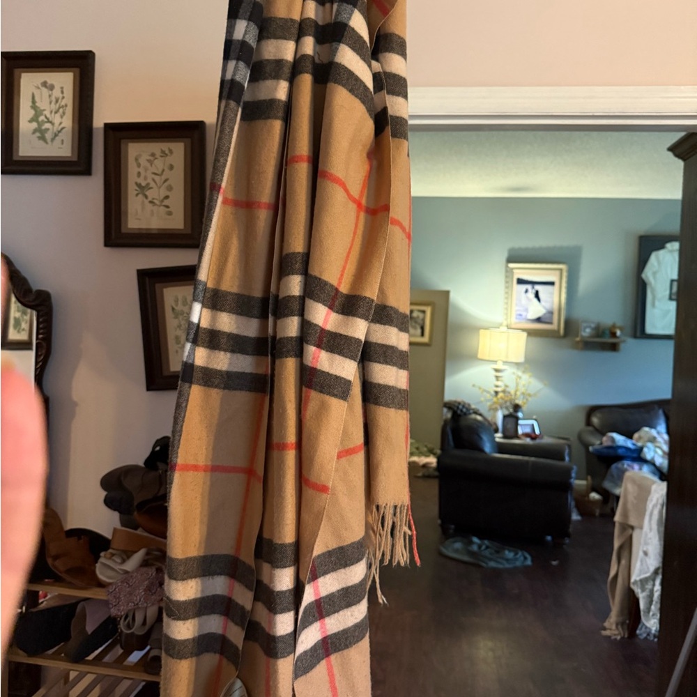 Burberry Cashmere Scarf in Tan and Red Plaid - Picture 2 of 4